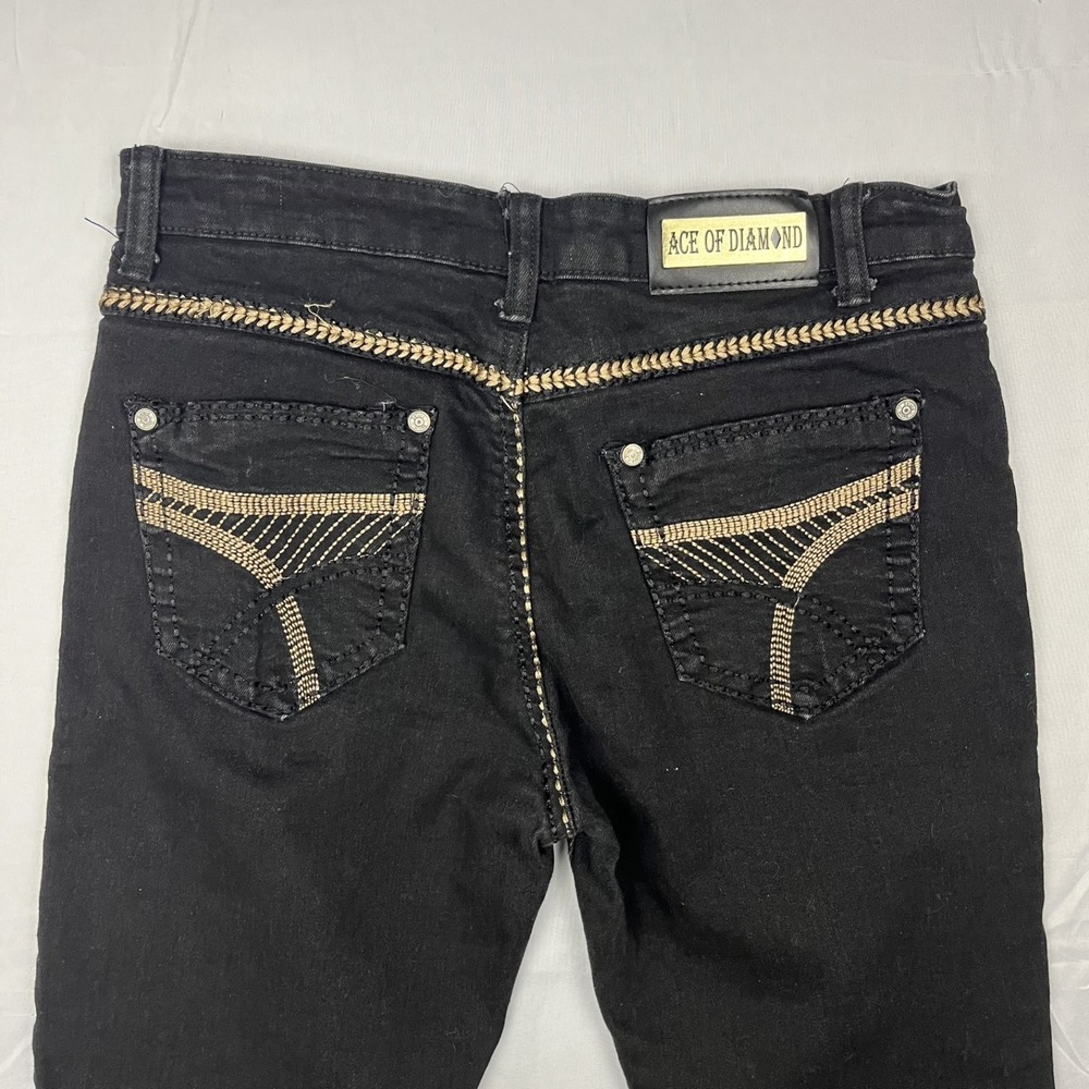 EUC Y2K Ace of Diamond Women's Jeans Embroidered Pockets Jet Black Spandex Sz 14